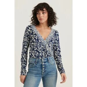 Lucky Brand long sleeve blue pattern wrap top XS boho stretchy